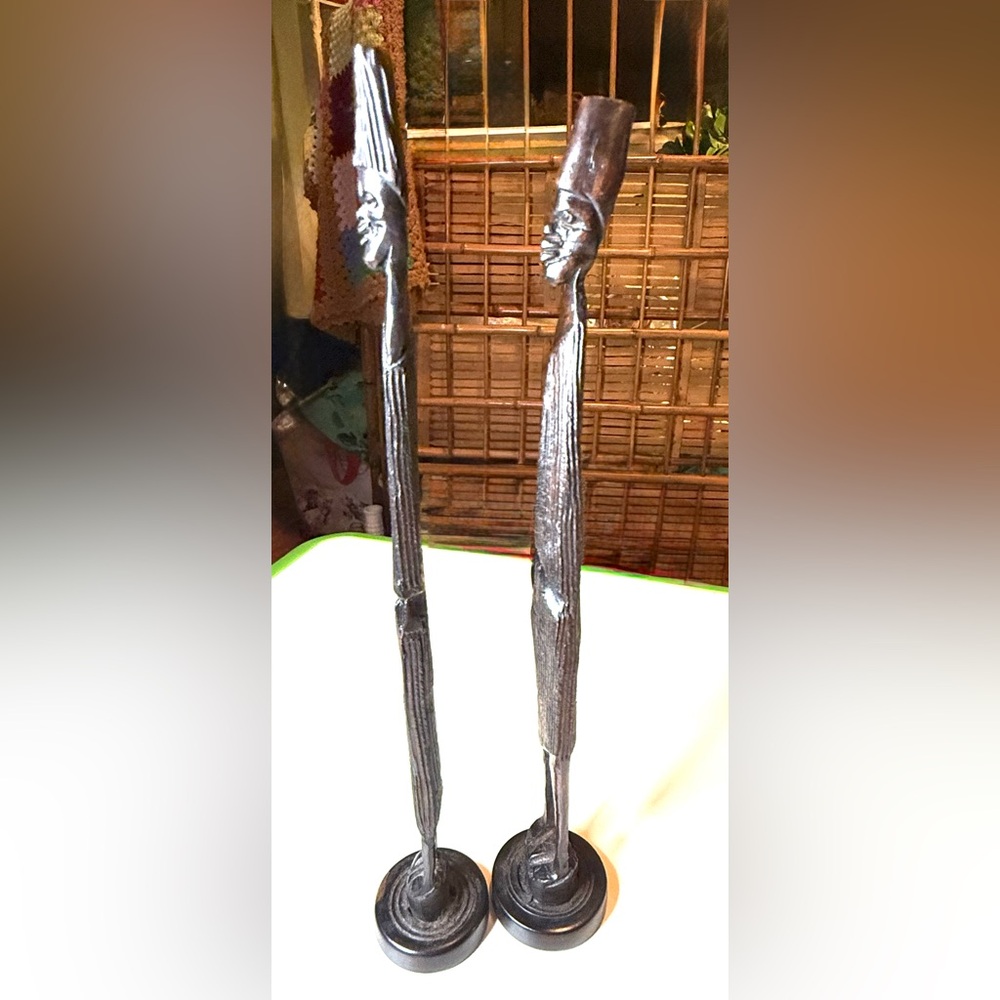 2 Hand-carved Male African Tribal Elders Made From A Dark Finished Wood.